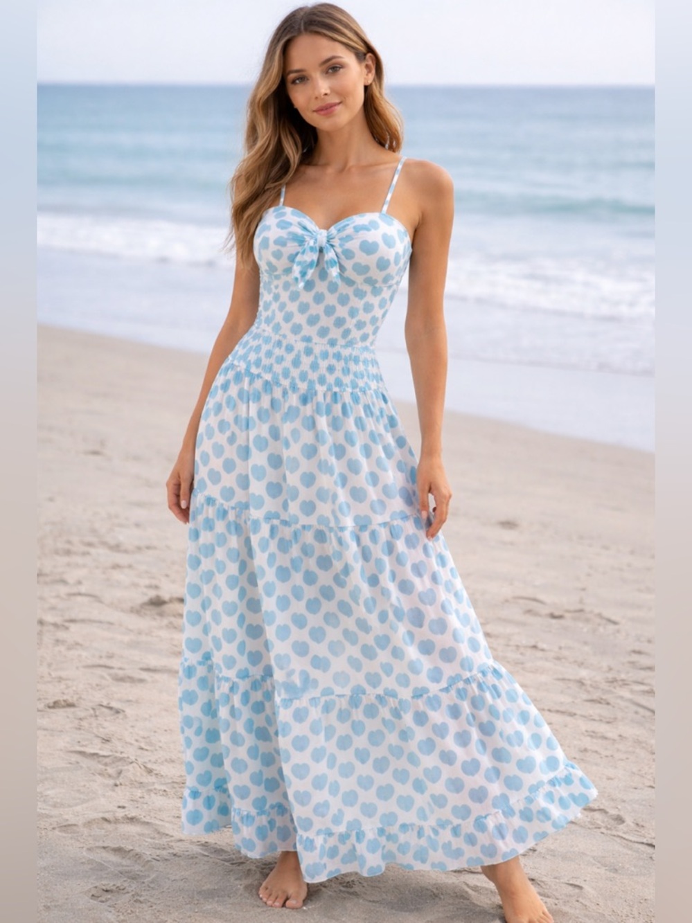 Light Blue Heart-Print one piece swim suit and long skirt cover up